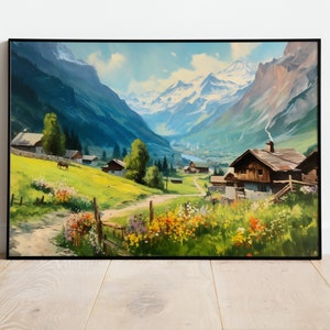 Alpine Village Vintage Oil-Painting Swiss Mountains Painting Village Swiss Painting Alps Digital Download Printable Wall Art Poster
