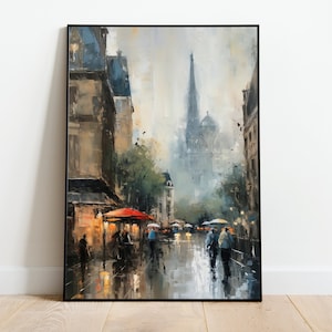 European City Rain Vintage Oil Painting Rain Street Art Painting European Scene Wall Art Rainy City Art Posters Digital Download Printable