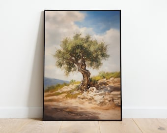 Vintage Olive Tree Oil Painting, Rustic Mediterranean Landscape (Digital Download)
