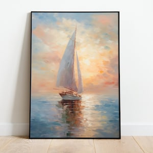 Sailboat Sunset Painting Vintage Style Oil Painting Sailboat Sunset Scene Maritime Oil Painting Digital Download Printable Wall Art