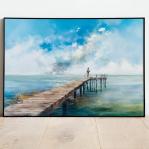 Hombre pesca pintura muelle Vintage pintura al óleo muelle de pesca pescador pintura muelle paisaje Digital descargar imprimible pared arte cartel