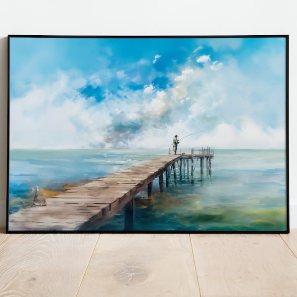 Man Fishing Painting Pier Vintage Oil Painting Fishing Pier Fisherman Painting Pier Landscape Digital Download Printable Wall Art Poster