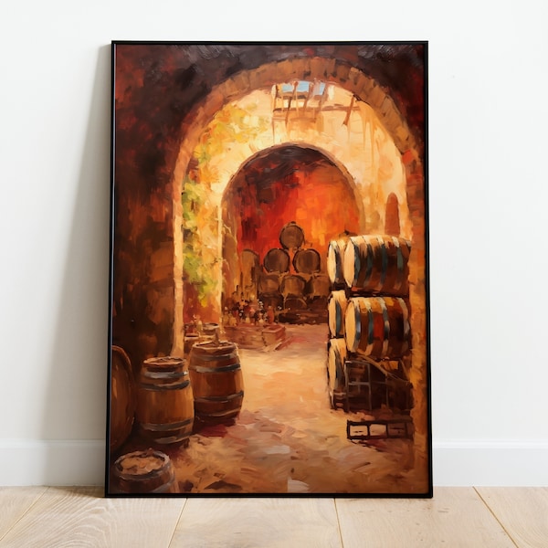 Wine Cellar Vintage Oil Painting Wine Barrel Spanish Wine Cellar Vintage Winemaking Spanish Painting Digital Download Printable Wall Art