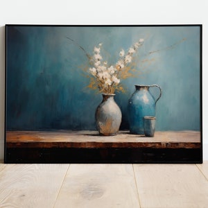 Jarrón antiguo pintura flores blancas jarrón azul pintura al óleo vintage flor jarrón flor jarra descarga digital imprimible cartel de arte de pared