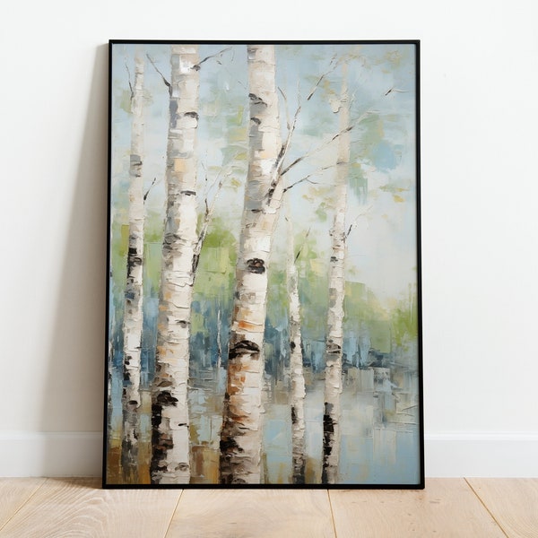 Birch Forest Painting Vintage Style Oil Painting Birch Forest Scene Painting Birch Digital Download Printable Wall Art