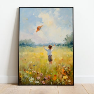 Junge fliegende Drachen Ölgemälde Vintage Stil Malerei Drachen Junge fliegenden Drachen Ölgemälde Sommer Wiese Digitaler Download druckbare Wandkunst