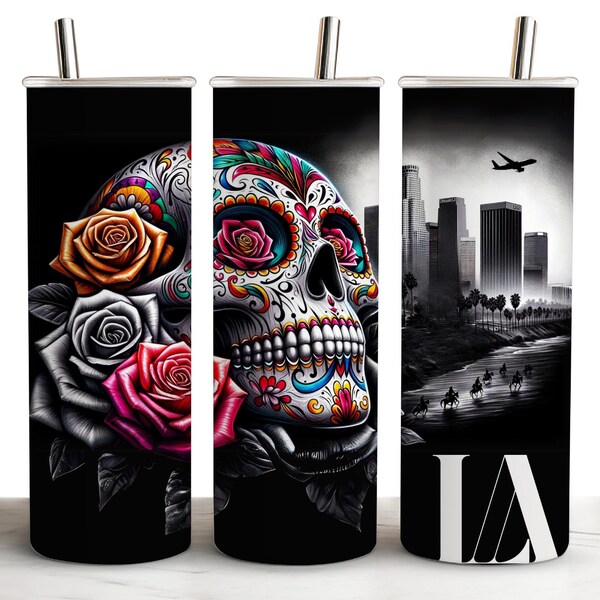 LA Los Angeles Sugar Skull 20oz Skinny Tumbler Wrap, PNG, Wall Art, Tumblerful Tumbler Wrap, Sublimation, Sublimational, Fan, California