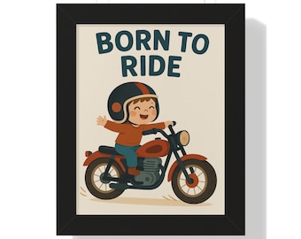 Póster vertical enmarcado para guardería Born to Ride / Arte mural para bebé con motocicleta / Decoración para habitación infantil /