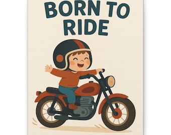 Ilustración de niño en motocicleta Born to Ride / Lienzo para guardería / Arte de pared para bebé en motocicleta / Decoración de habitación infantil /