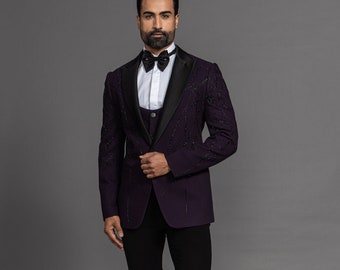 Men's Hand Embroidered Purple Suit, 3 Piece Slim Fit Wedding Suit Party Wear Dinner Suit Bespoke For Men, Wedding Suit For Men