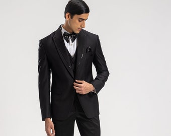 Men High Lapel Black Tuxedo Suit, 3 Piece Slim Fit Formal Fashion Wedding Suit Party Wear Dinner Suit Bespoke For Men, Wedding Suit For Men