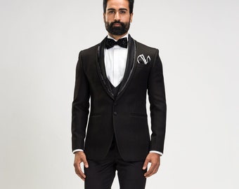 Men Suits Black Hand Embroidered 3 Piece Slim Fit Formal Fashion Wedding Suit Party Wear Dinner Suit Bespoke For Men, Wedding Suit For Men
