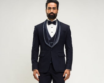 Men Suits Navy Blue Hand Embroidered 3 Piece Slim Fit Wedding Suit Party Wear Dinner Suit Bespoke For Men, Wedding Suit For Men