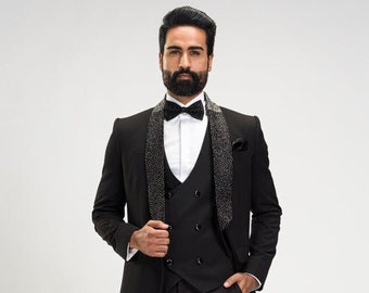 Men Suits Black Hand Embroidered 3 Piece Slim Fit Formal Fashion Wedding Suit Party Wear Dinner Suit Bespoke For Men, Tuxedo Suit For Men