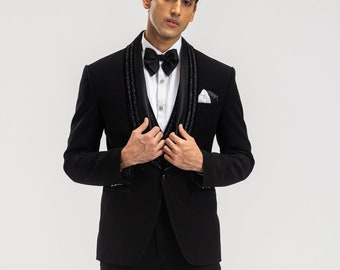 Men Suits Black Hand Embroidered 3 Piece Slim Fit Formal Fashion Wedding Suit Party Wear Dinner Suit Bespoke For Men, Wedding Suit For Groom