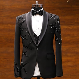 Designer Hand Embroidered Men&#39;s Black Wedding Suit Party Wear Dinner Suit Bespoke For Men, Wedding Suit For Men