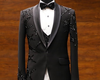 Designer Hand Embroidered Men's Black Wedding Suit Party Wear Dinner Suit Bespoke For Men, Wedding Suit For Men