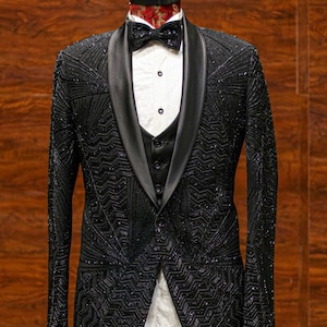 Men Suits Black Hand Embroidered 3 Piece Slim Fit Formal Fashion Wedding Suit Party Wear Dinner Suit Bespoke For Men, Wedding Suit For Men