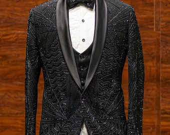 Men Suits Black Hand Embroidered 3 Piece Slim Fit Formal Fashion Wedding Suit Party Wear Dinner Suit Bespoke For Men, Wedding Suit For Men