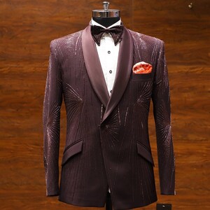 Men Suits Wine Hand Embroidered 3 Piece Slim Fit  Wedding Suit Party Wear Dinner Suit Bespoke For Men, Wedding Suit For Men