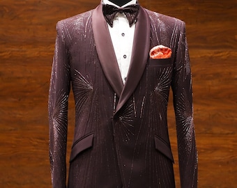Men Suits Wine Hand Embroidered 3 Piece Slim Fit  Wedding Suit Party Wear Dinner Suit Bespoke For Men, Wedding Suit For Men