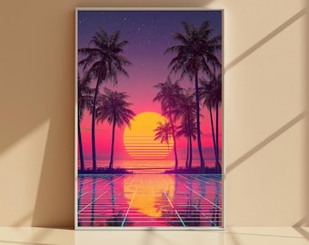 Affiche Vaporwave Sunset Paradise, affiche rétro des années 80, palmier, art mural esthétique néon