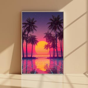 Vaporwave Sunset Paradise Poster Retro 80s Palm Tree Poster, Neon Aesthetic Wall Art