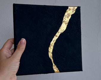 Pintura abstracta de resina epoxi con textura de escena mística original en oro negro pequeño, lienzo minimalista, 20 x 20 cm, decoración de sala de estar, regalo de Navidad
