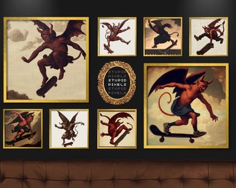 skateboarding demon set of 8 - renaissance skate print digital download - dark art creepy art gothic skating demon gallery wall home decor