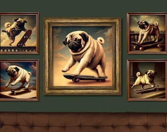 Renaissance Pug Skateboarding Art Print Bundle Set Pet Lover Home Decor (Digital Download)