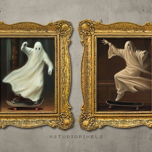 vintage skateboarding ghost art print | set of 2 | halloween art skateboard tiktok trend funny digital download printable vintage wall art