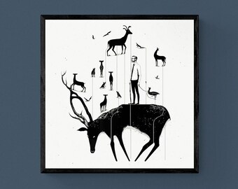 Impression numérique, art minimaliste, L'équilibre entre l'homme et l'animal. Ratio 1 x 1, taille d'impression 1 x 1, affiche de décoration intérieure, oeuvre d'art unique, affiche cadeau !