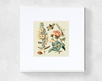 vintage | création artistique, papillons, oiseaux et abeilles, illustrations botaniques vintage. Ratio 1 x 1, décoration. IMPRESSION NUMÉRIQUE, mur