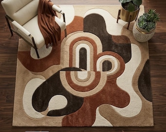 Mid Century Modern Abstract Area Rug, Retro 70s Earth Tone Geometric Tufted Rug for Living Room, Brown Rust Arch Design Custom Bedroom Mat