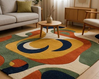 Bauhaus Geometric Rug Hand Tufted Area Rug Cobalt Blue Terracotta Carpet Ochre Yellow Olive Green Mid Century Modern Abstract Living Room