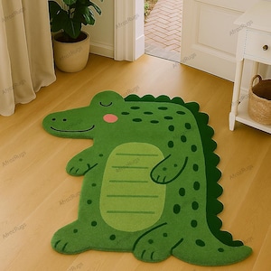 Crocodile Kids Rug – Soft Green Animal Rug for Nursery or Playroom | Cute Croc Floor Carpet | Jungle Theme Toddler Room Decor