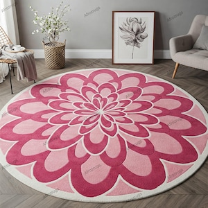 Pink Flower Mandala Round Rug – Floral Area Carpet for Living Room, Bedroom or Nursery | Soft Plush Circle Rug | Modern Home Décor Accent