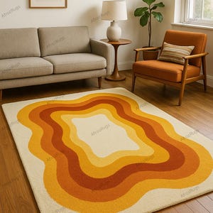 Retro Sunset Rectangle Rug – Warm Orange and Cream Layered Design, Mid Century Modern Area Carpet for Living Room, Bedroom, or Office Decor