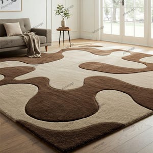 Modern Hand-Tufted Wool Rug – Abstract Puzzle Pattern in Brown & Beige | Neutral Sculptural Carpet for Living Room or Office Decor