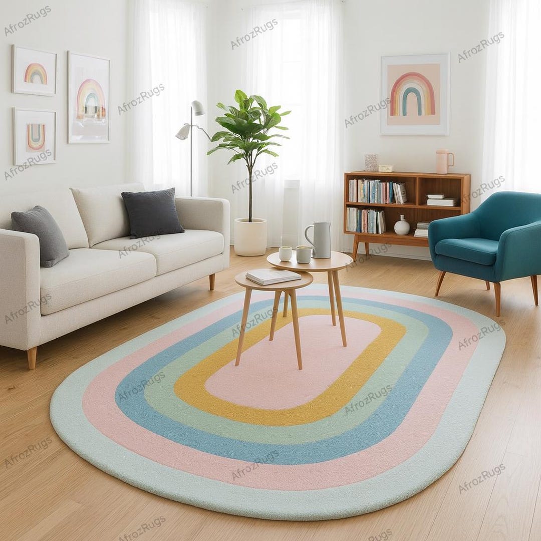 Pastel Color Rug Pastel Rainbow Rug – Modern Colorful Oval Carpet | Handmade Wool Rug ...