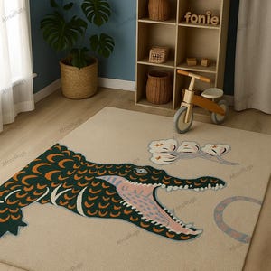 Whimsical Crocodile Kids Rug | Playroom Animal Carpet | Soft Beige Jungle Theme Nursery Rug | Hand-Tufted Style – by AfrozRugs