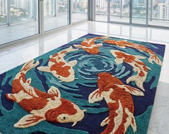 Koi Fisch Hand getuftet Wollteppich Japanisch inspirierter moderner künstlerischer Teppich