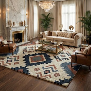 Hand Tufted Wool Southwestern Rug, Geometric Tribal Area Carpet, Cream Blue Terracotta Home Decor image 1
