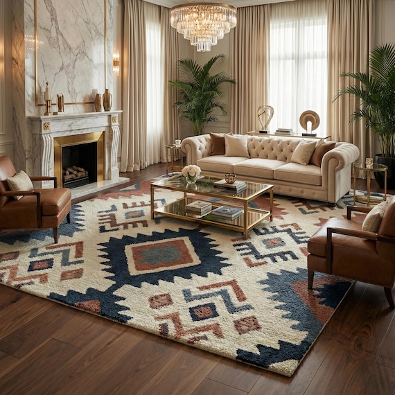 Hand Tufted Wool Southwestern Rug, Geometric Tribal Area Carpet, Cream Blue Terracotta Modern Living Room Decor