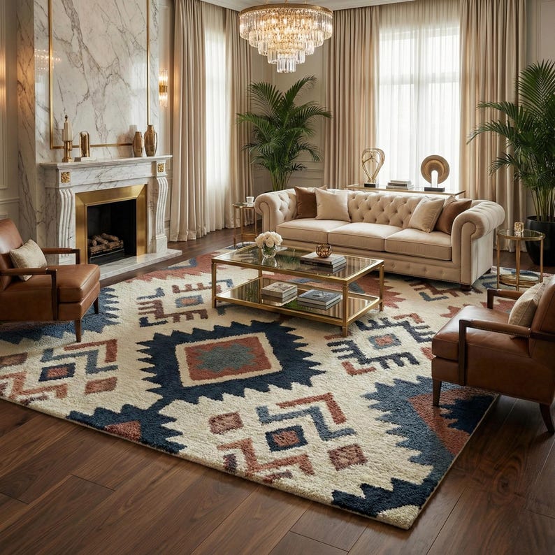 Hand Tufted Wool Southwestern Rug, Geometric Tribal Area Carpet, Cream Blue Terracotta Home Decor image 1