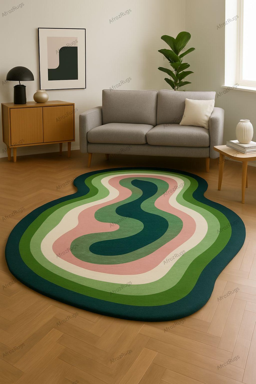 Abstract Wavy Green and Pink Rug – Modern Organic Area Carpet for ...