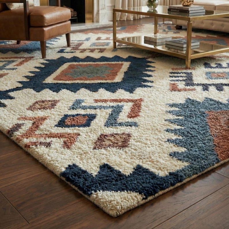 Hand Tufted Wool Southwestern Rug, Geometric Tribal Area Carpet, Cream Blue Terracotta Home Decor image 4