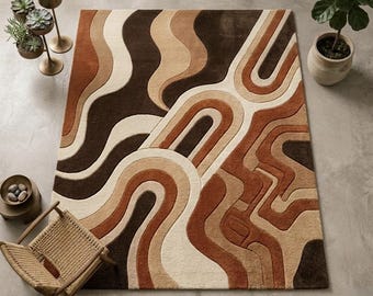 Mid Century Modern Abstract Area Rug, Retro 70s Earth Tone Geometric Tufted Rug for Living Room, Brown Rust Arch Design Custom Bedroom Mat