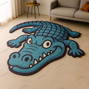 Blue Crocodile Shaped Rug – Playful Animal Cartoon Floor Mat in Teal and Navy for Kids Room, Playroom, or Quirky Living Room Statement Decor