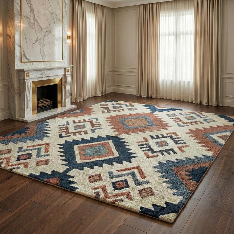 Hand Tufted Wool Southwestern Rug, Geometric Tribal Area Carpet, Cream Blue Terracotta Home Decor image 5